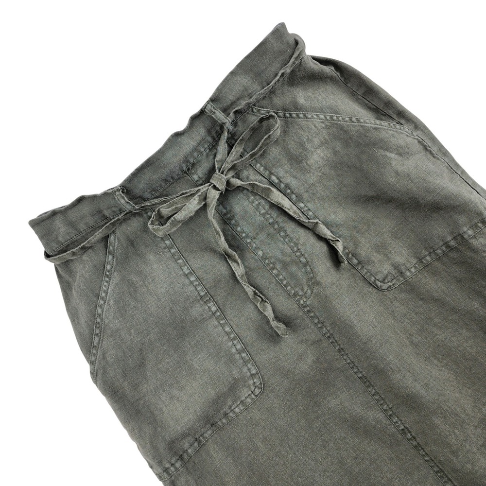 100% Linen Maxi Skirt Womens Small Olive Green Paperbag Waist Artisan NY